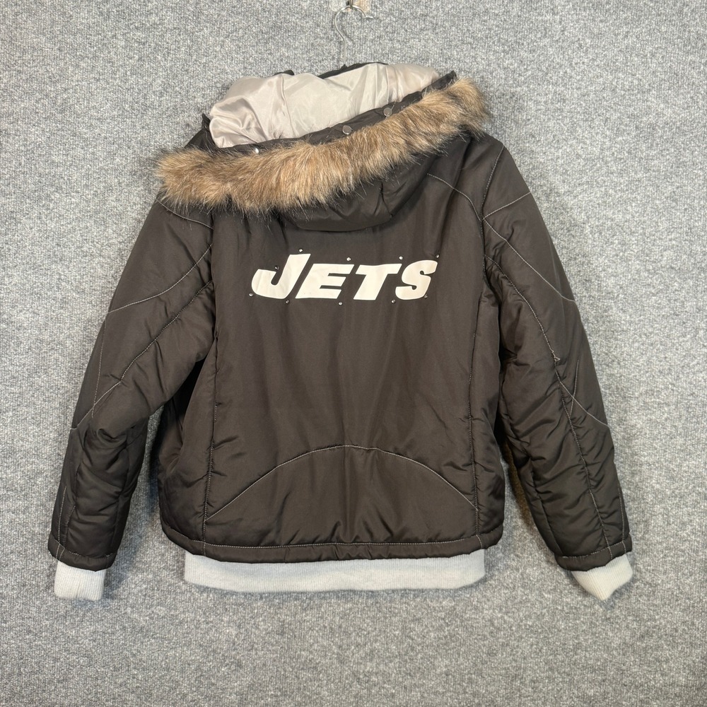 NFL Pro Line NY Jets Jacket Men Medium Black Faux Fur Hood New York‎ Jets Puffer